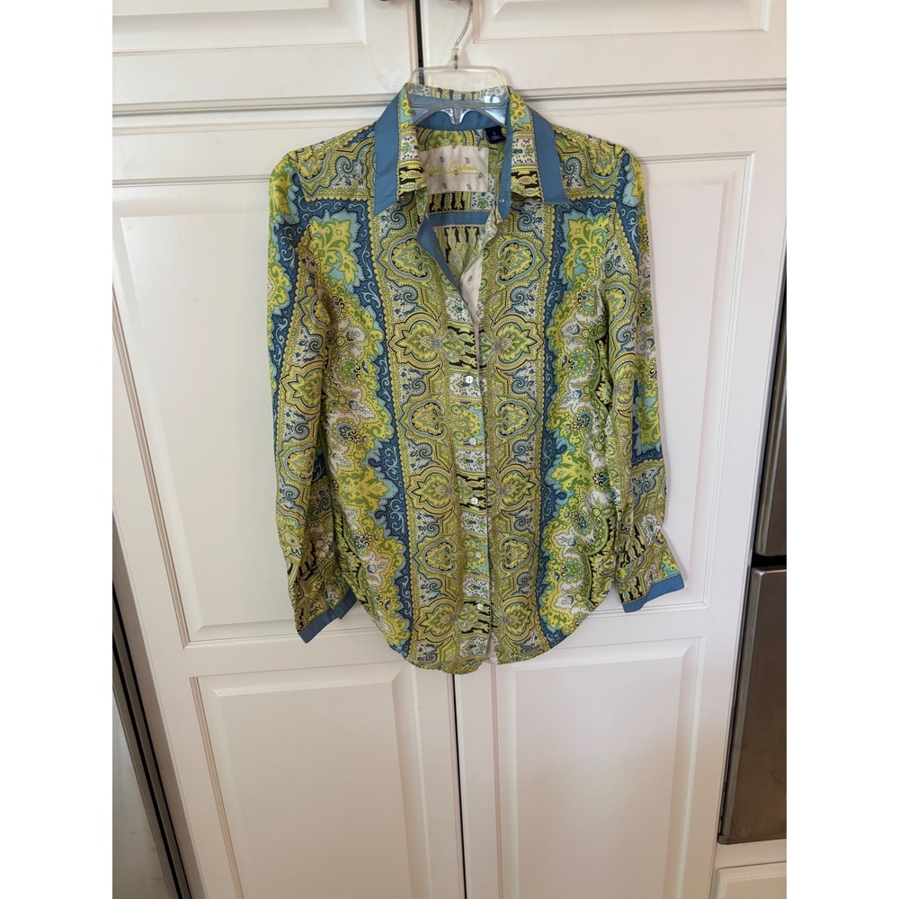Robert Graham Womens Silk Paisley Button Down Shirt Green Blue Long Sleeve Small